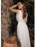 V Neck Ivory Satin Minimalist Wedding Dress With Lace Jacket